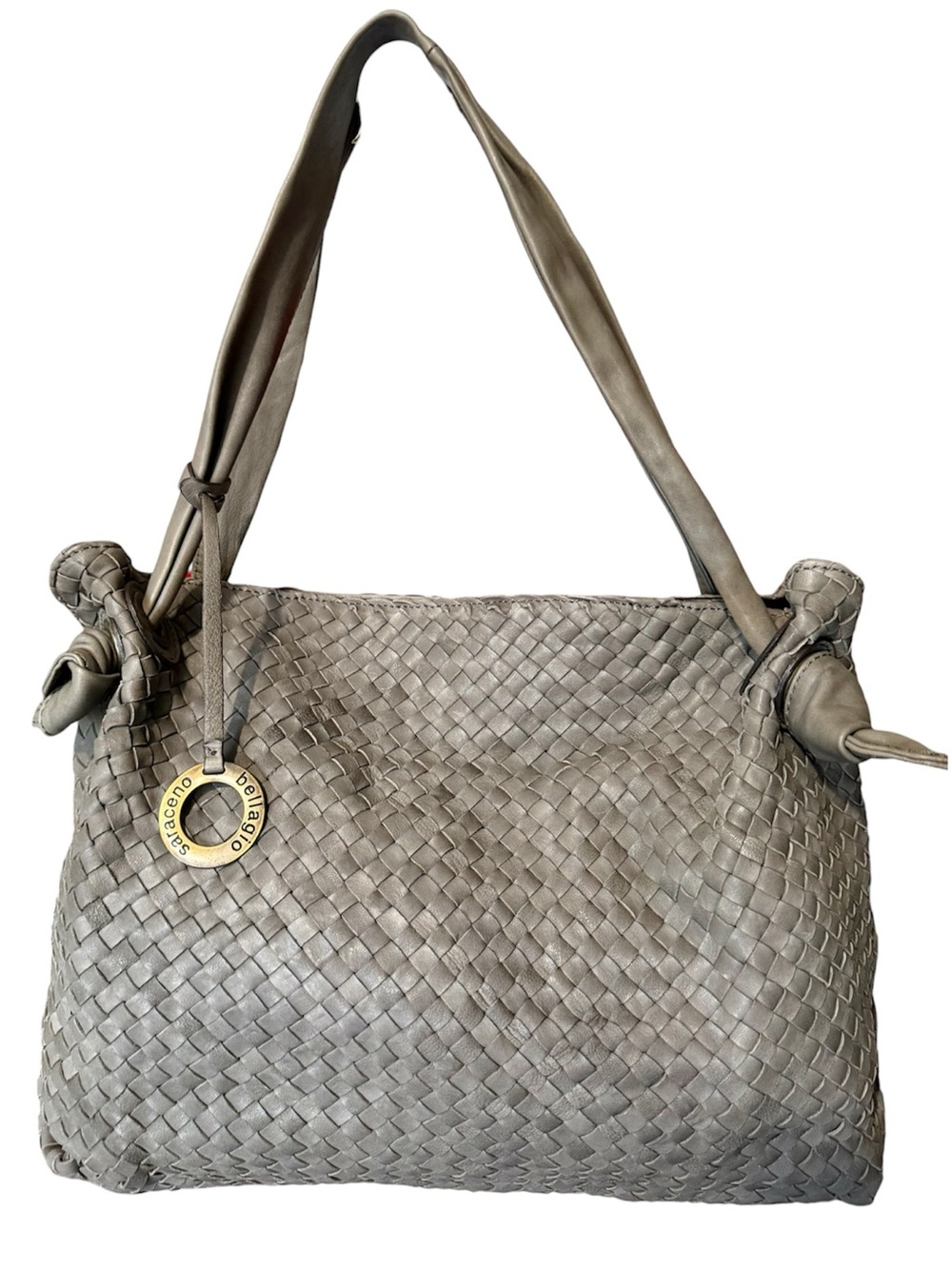 Saraceno Bellagio Woven Leather Shoulder Bag Purse Gray Slouchy Made in Italy